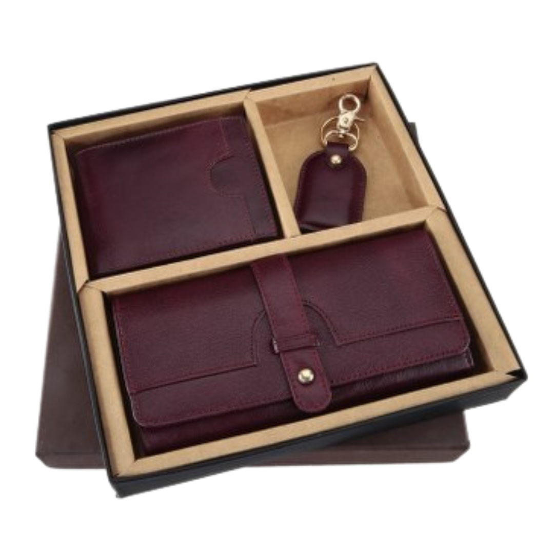 3 in 1 Cherry Color, Pure Leather Wallet for Men & Women & Key Chain C